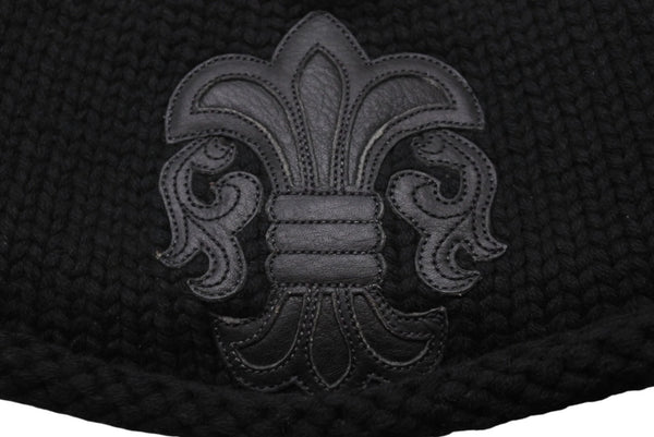 極美品 CHROME HEARTS クロムハーツ BSフレア レザーパッチ ニットキャップ BSフレア ボタン ビーニー カシミヤ ブラック ONE SIZE 中古 4b006255