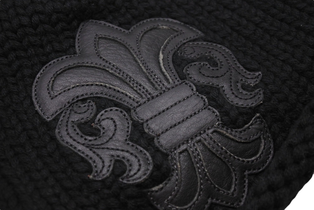 Very Good Condition CHROME HEARTS BS Flare Leather Patch Knit Cap BS Flare Button Beanie Cashmere Black ONE SIZE Used 4b006255