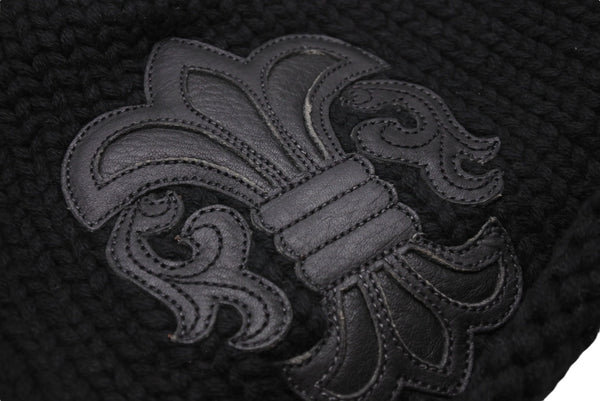 極美品 CHROME HEARTS クロムハーツ BSフレア レザーパッチ ニットキャップ BSフレア ボタン ビーニー カシミヤ ブラック ONE SIZE 中古 4b006255