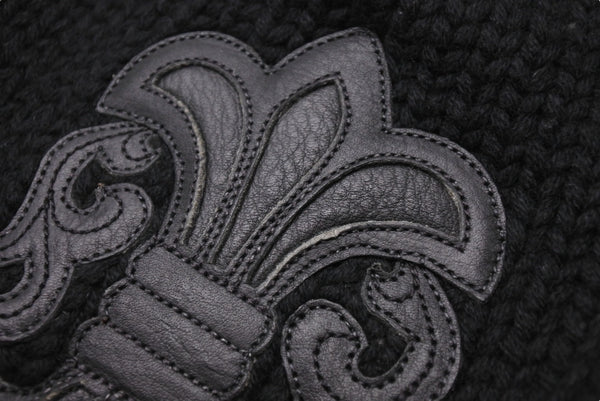 極美品 CHROME HEARTS クロムハーツ BSフレア レザーパッチ ニットキャップ BSフレア ボタン ビーニー カシミヤ ブラック ONE SIZE 中古 4b006255