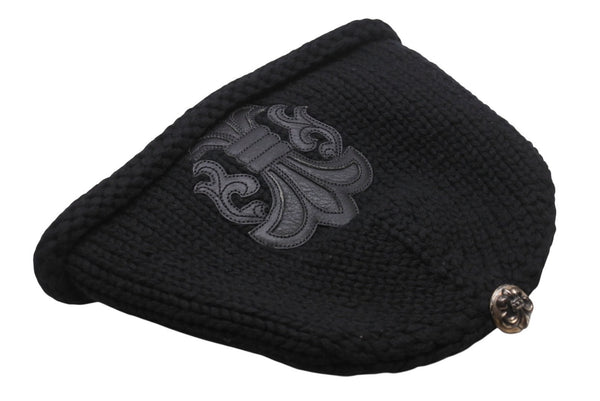 極美品 CHROME HEARTS クロムハーツ BSフレア レザーパッチ ニットキャップ BSフレア ボタン ビーニー カシミヤ ブラック ONE SIZE 中古 4b006255