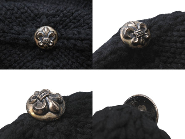 極美品 CHROME HEARTS クロムハーツ BSフレア レザーパッチ ニットキャップ BSフレア ボタン ビーニー カシミヤ ブラック ONE SIZE 中古 4b006255