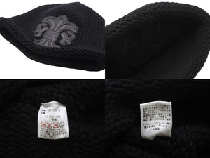極美品 CHROME HEARTS クロムハーツ BSフレア レザーパッチ ニットキャップ BSフレア ボタン ビーニー カシミヤ ブラック ONE SIZE 中古 4b006255