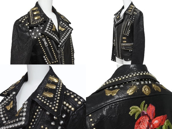 極美品 GUCCI グッチ ダブルライダースジャケット スタッズ 刺繍 シープスキン ブラック サイズ38 中古 4b006347