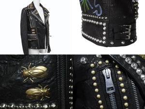 極美品 GUCCI グッチ ダブルライダースジャケット スタッズ 刺繍 シープスキン ブラック サイズ38 中古 4b006347