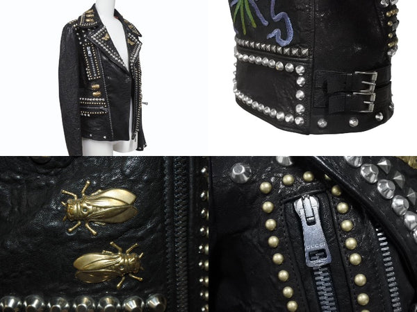 極美品 GUCCI グッチ ダブルライダースジャケット スタッズ 刺繍 シープスキン ブラック サイズ38 中古 4b006347