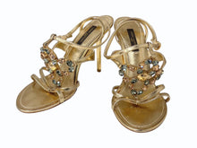 画像をギャラリービューアに読み込む, LOUIS VUITTON ルイヴィトン ストラップサンダル モノグラムフラワー ビジュー イタリア製 レザー ゴールド サイズ35 美品 中古 4b006407