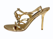 画像をギャラリービューアに読み込む, LOUIS VUITTON ルイヴィトン ストラップサンダル モノグラムフラワー ビジュー イタリア製 レザー ゴールド サイズ35 美品 中古 4b006407