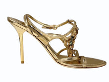 画像をギャラリービューアに読み込む, LOUIS VUITTON ルイヴィトン ストラップサンダル モノグラムフラワー ビジュー イタリア製 レザー ゴールド サイズ35 美品 中古 4b006407