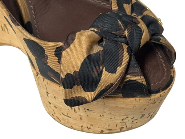 LOUIS VUITTON ルイヴィトン レオパード柄 サンダル ウェッジソール ブラウン ブラック ゴールド金具 サイズ34 1/2 美品 中古 4b006409