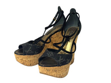 画像をギャラリービューアに読み込む, LOUIS VUITTON モノグラムデニム サンダル ウェッジソール DE0131 ブラック ゴールド サイズ35 美品 中古 4b006410