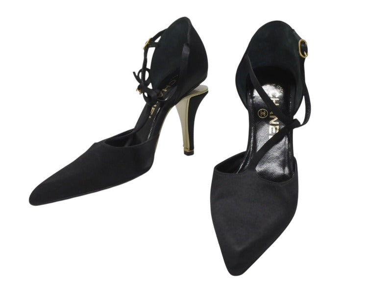 CHANEL CHANEL Stil Heel Coco Mark Made in Italy Satin Black Gold Hardware Size 35C Good Condition Used 4b006415