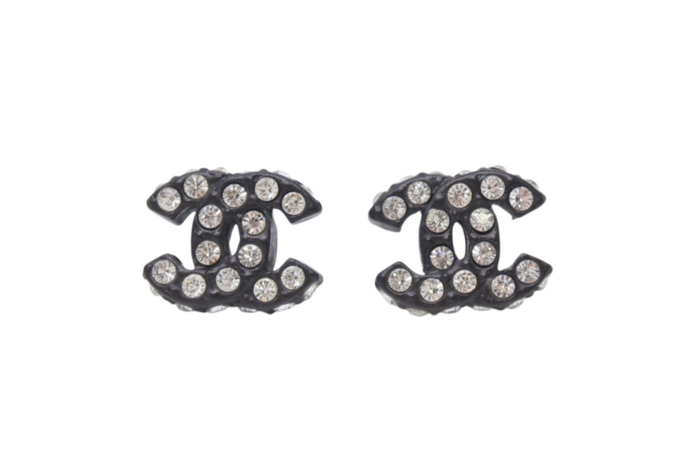 Very Good Condition CHANEL Coco Mark Earrings 02A Engraved 3.1g Rhinestone Black Color Accessories Used 4b006444