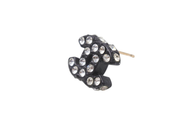 極美品 CHANEL シャネル Coco Mark ココマーク ピアス 02A 刻印 3.1g ラインストーン ブラックカラー アクセサリー 中古 4b006444