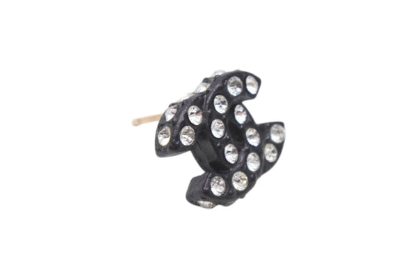 極美品 CHANEL シャネル Coco Mark ココマーク ピアス 02A 刻印 3.1g ラインストーン ブラックカラー アクセサリー 中古 4b006444