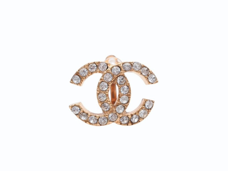 Very Good Condition CHANEL Coco Mark Earrings Rhinestone Gold Color 02A Engraved 4.9g Accessories Used 4b006477