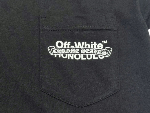 新品未使用 CHROME HEARTS × OFFWHITE クロムハーツ オフホワイト Honolulu Tee ホノルル限定半袖Tシャツ バックスクロールラベルプリント ブラック サイズS 中古 4b006556