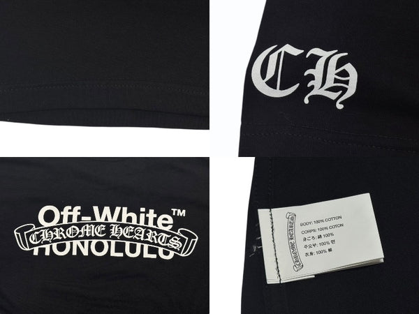 新品未使用 CHROME HEARTS × OFFWHITE クロムハーツ オフホワイト Honolulu Tee ホノルル限定半袖Tシャツ バックスクロールラベルプリント ブラック サイズS 中古 4b006556