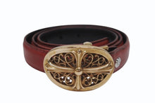 画像をギャラリービューアに読み込む, CHROME HEARTS クロムハーツ ベルト バックル クラシックオーバルクロス スモール ブロンズ レザー レッド サイズ34 美品 中古 4b006562
