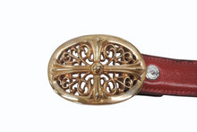 画像をギャラリービューアに読み込む, CHROME HEARTS クロムハーツ ベルト バックル クラシックオーバルクロス スモール ブロンズ レザー レッド サイズ34 美品 中古 4b006562
