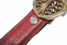 画像をギャラリービューアに読み込む, CHROME HEARTS クロムハーツ ベルト バックル クラシックオーバルクロス スモール ブロンズ レザー レッド サイズ34 美品 中古 4b006562