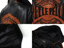 Load image into Gallery viewer, pellepelle ペレペレ フーディ レザージャケット 刺繍 ロゴ サイズ38 ブラック オレンジ 美品 中古 4b006654