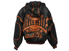 Load image into Gallery viewer, pellepelle ペレペレ フーディ レザージャケット 刺繍 ロゴ サイズ38 ブラック オレンジ 美品 中古 4b006654