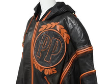 Load image into Gallery viewer, pellepelle ペレペレ フーディ レザージャケット 刺繍 ロゴ サイズ38 ブラック オレンジ 美品 中古 4b006654