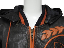 Load image into Gallery viewer, pellepelle ペレペレ フーディ レザージャケット 刺繍 ロゴ サイズ38 ブラック オレンジ 美品 中古 4b006654