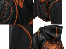 Load image into Gallery viewer, pellepelle ペレペレ フーディ レザージャケット 刺繍 ロゴ サイズ38 ブラック オレンジ 美品 中古 4b006654