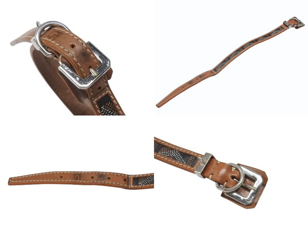 GOYARD ゴヤール 首輪 リード ペット用 ヘリンボーン ブラウン PVC レザー シルバー金具 良品 中古 4b006693