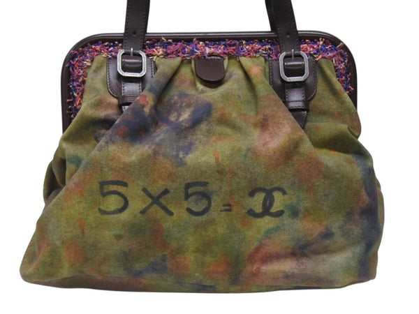 極美品 CHANEL シャネル エンブロイダリー グラフィティ がま口 ハンドバッグ カーキ A92791 アンティークシルバー金具 中古 4b006808