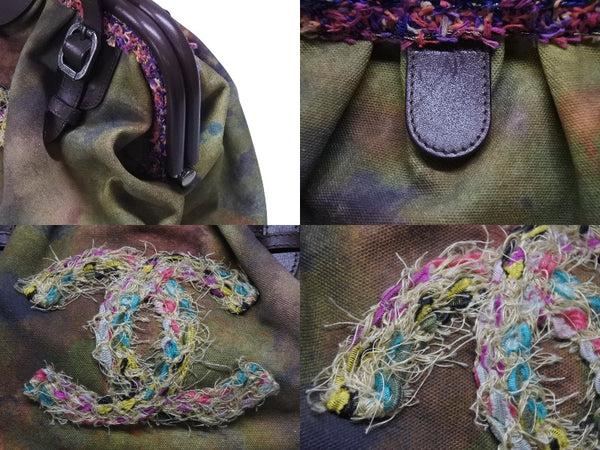 極美品 CHANEL シャネル エンブロイダリー グラフィティ がま口 ハンドバッグ カーキ A92791 アンティークシルバー金具 中古 4b006808