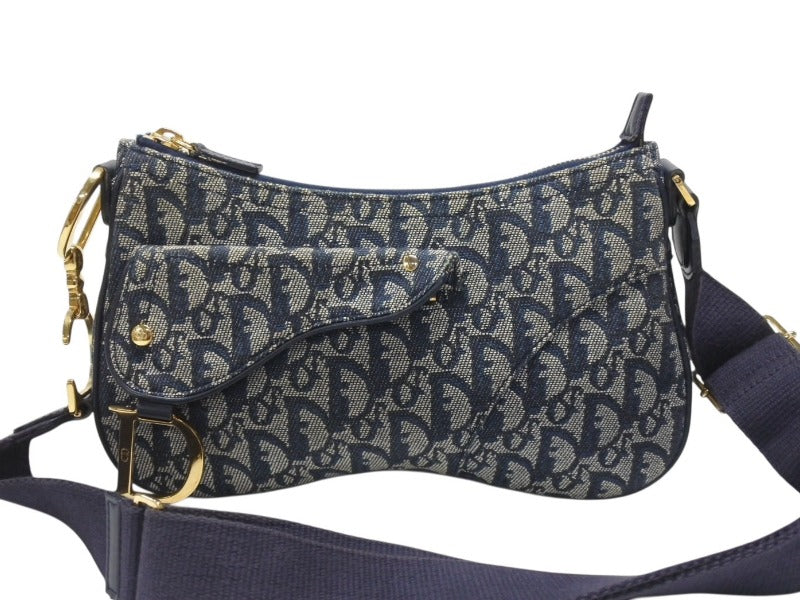 Christian Dior クリスチャンディオール サドルショルダーバッグ 07RU 0034 ネイビー トロッター柄 ガリアーノ期 美品 中古 4b006926