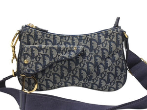 Christian Dior クリスチャンディオール サドルショルダーバッグ 07RU 0034 ネイビー トロッター柄 ガリアーノ期 美品 中古 4b006926