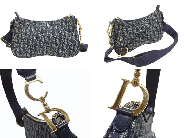 Christian Dior クリスチャンディオール サドルショルダーバッグ 07RU 0034 ネイビー トロッター柄 ガリアーノ期 美品 中古 4b006926