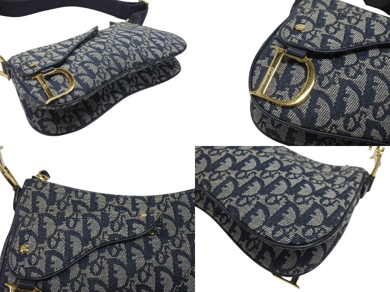Christian Dior クリスチャンディオール サドルショルダーバッグ 07RU 0034 ネイビー トロッター柄 ガリアーノ期 美品 中古 4b006926