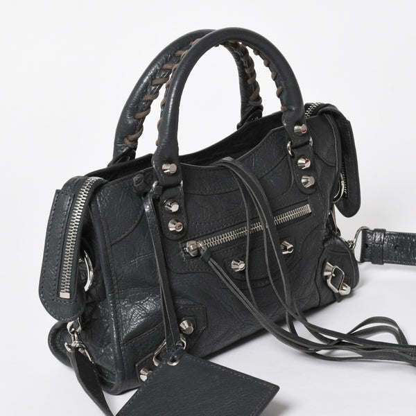 BALENCIAGA バレンシアガ クラシック ミニ シティ 2WAY ショルダーバッグ 300295 ダークグレー シルバー金具 良品 中古 4a007007