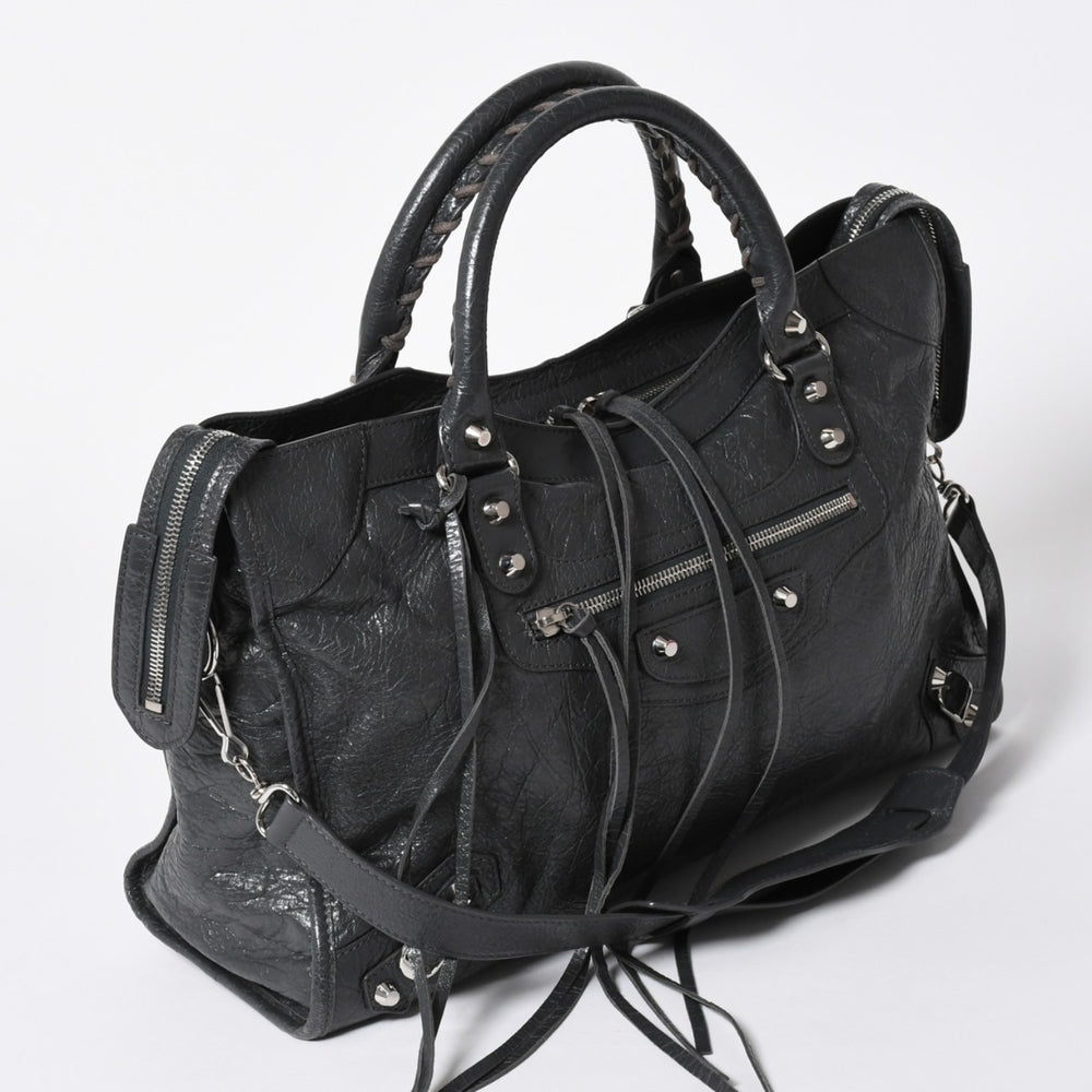 極美品 BALENCIAGA バレンシアガ ザ シティ 2WAY ハンドバッグ 115748 ショルダーバッグ ダークグレー シルバー金具 中古 4a007008