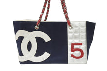 画像をギャラリービューアに読み込む, 極美品 CHANEL シャネル トートバッグ チェーンショルダー ココマーク 7番台 No.5 ネイビー シルバー キャンバス レザー 中古 4b007015