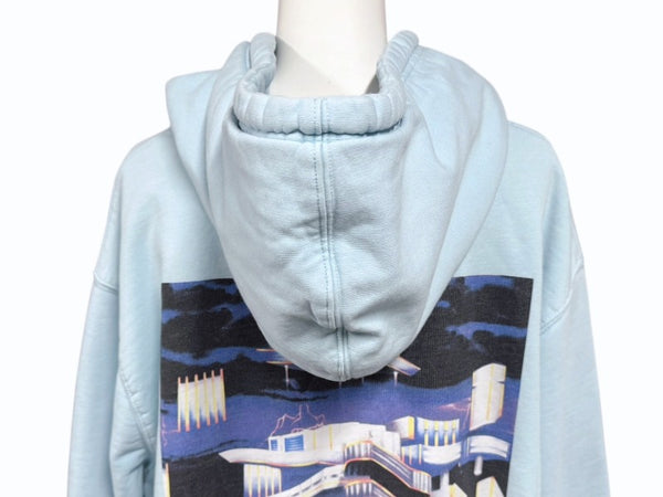 PALACE パレス パーカー フーディ 刺繍ロゴ コットン ライトブルー レッド ロゴ刺繍 背面プリント サイズL 美品 中古 4b007032