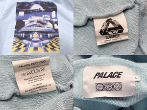 PALACE パレス パーカー フーディ 刺繍ロゴ コットン ライトブルー レッド ロゴ刺繍 背面プリント サイズL 美品 中古 4b007032