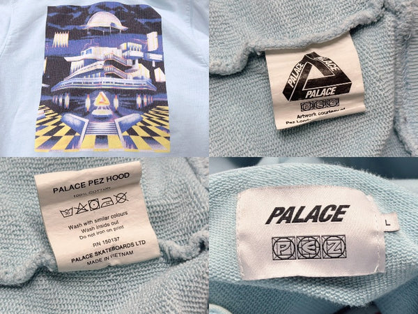 PALACE パレス パーカー フーディ 刺繍ロゴ コットン ライトブルー レッド ロゴ刺繍 背面プリント サイズL 美品 中古 4b007032
