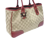 画像をギャラリービューアに読み込む, GUCCI グッチ トートバッグ ハンドバッグ 163305 213048 イタリア製 GGキャンバス レザー ベージュ レッド ゴールド金具 美品 中古 4b007169