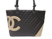 画像をギャラリービューアに読み込む, CHANEL シャネル カンボンライン ラージトートバッグ 9番台 A25169 ココマーク ラムスキン ブラウン ベージュ シルバー金具 美品 中古 4b007184