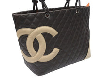 画像をギャラリービューアに読み込む, CHANEL シャネル カンボンライン ラージトートバッグ 9番台 A25169 ココマーク ラムスキン ブラウン ベージュ シルバー金具 美品 中古 4b007184