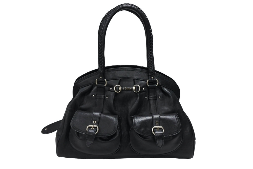 Very Good Condition CHRISTIAN DIOR Handbag 12-BO-0037 Made in Italy Leather Black Silver Hardware Used 4b007197