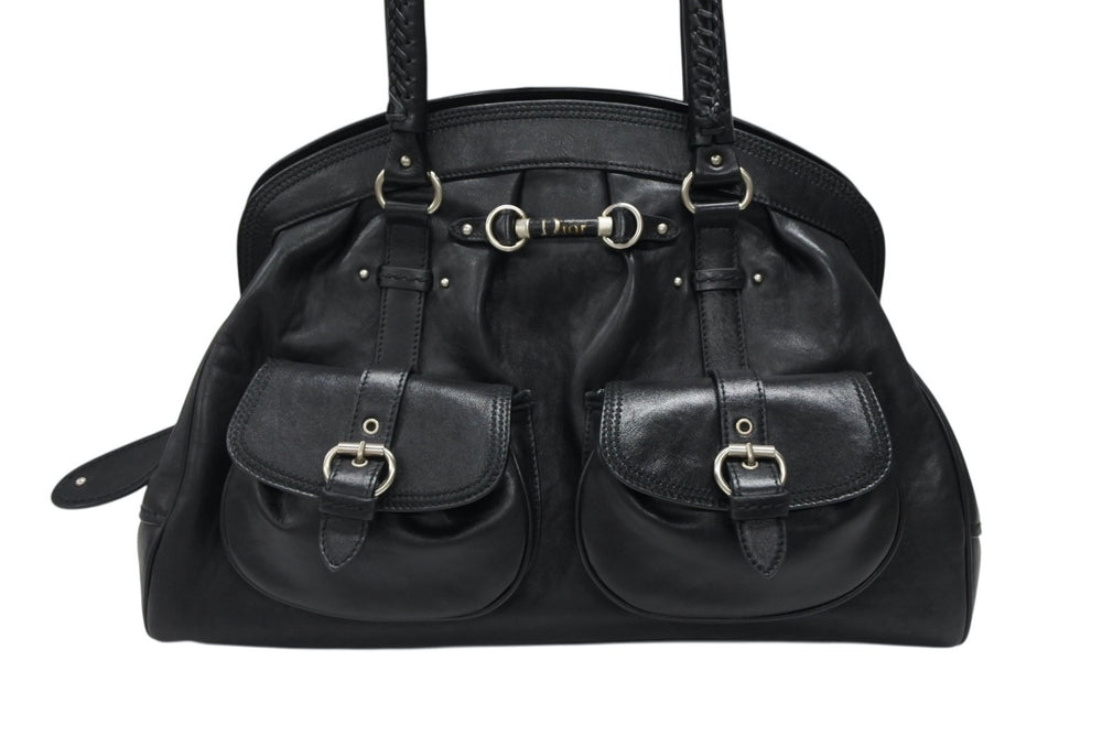 Very Good Condition CHRISTIAN DIOR Handbag 12-BO-0037 Made in Italy Leather Black Silver Hardware Used 4b007197