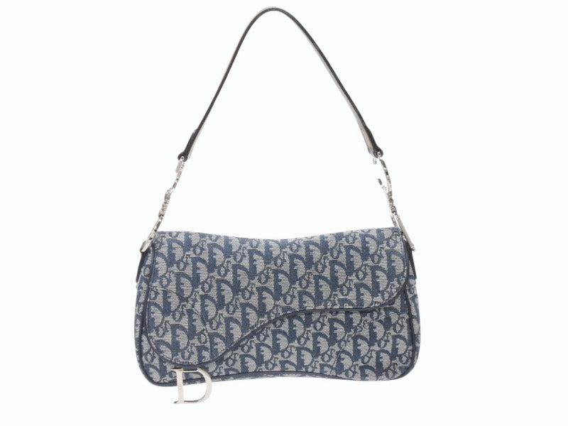 極美品 CHRISTIAN DIOR クリスチャンディオール トロッターライン サドルバッグ ワンショルダーバッグ ネイビー シルバー金具 中古 4b007198