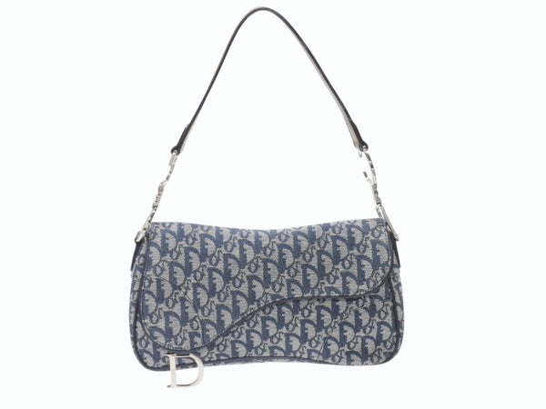 極美品 CHRISTIAN DIOR クリスチャンディオール トロッターライン サドルバッグ ワンショルダーバッグ ネイビー シルバー金具 中古 4b007198